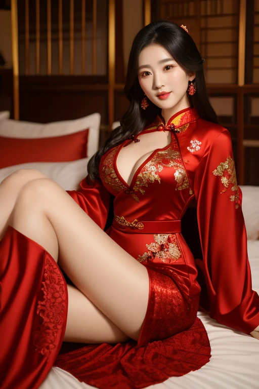 Woman in red lingerie sitting on bed，wearing red robe，Open V chest clothes，Asian King and Goddess Ting，wearing sexy lingerie，traditional china，18 years old，Charming and alluring，穿著紅色cheongsam，Chinese clothing，beautiful exotic, interesting costumes, Chinese traditional clothing, Gorgeous Chinese model, Hanfu, cheongsam