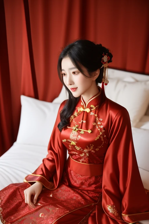 Woman in red lingerie sitting on bed,wearing red robe,Open V chest clothes,Asian King and Goddess Ting,wearing sexy lingerie,traditional china,18 years old,Charming and alluring,穿著紅色cheongsam,Chinese clothing,beautiful exotic, interesting costumes, Chinese traditional clothing, Gorgeous Chinese model, Hanfu, cheongsam