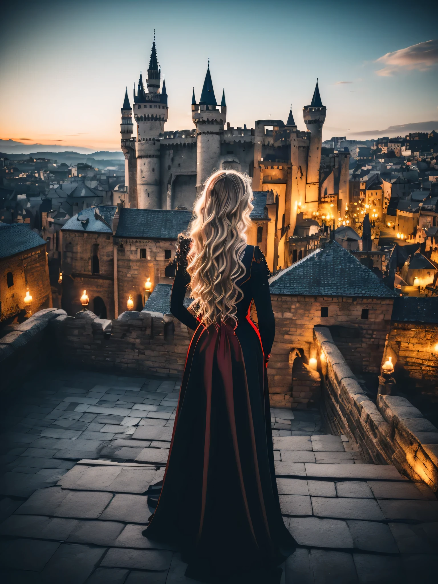 (back view), (full body), blonde, red lips, smiling, red-black gothic dress, (on the roof of the castle), medieval town in the background, crowd, night, moon, (detail background: 1.5), (intricate surrounding details), (hyper detail), (skin detail and hair texture)+++, (ultra realism), (8K UHD), (ultra quality), (dslr)