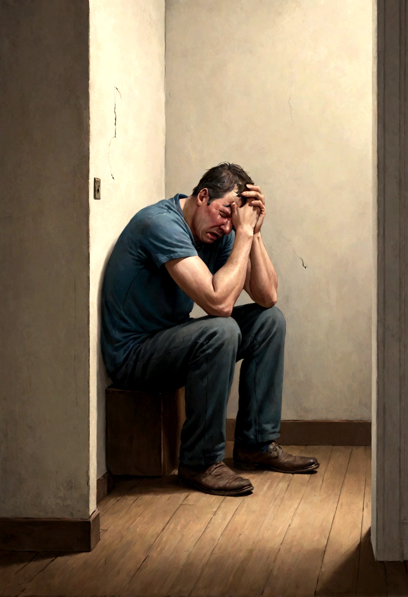 a man sitting in the corner and crying