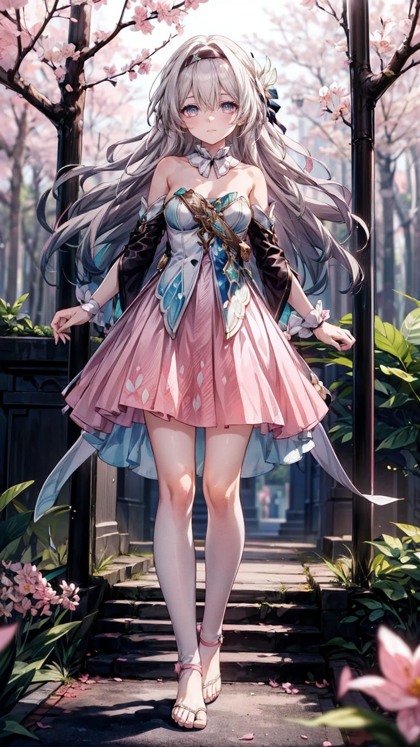 Bare feet,(Pink strapless dress :1.5), silver Long hair, black _ hair band, X-shaped _ eyebrows, hair band, POE _ Hair, bangs, bare shoulders, full body shot, white stockings,(Peach Blossom Forest 1.5)