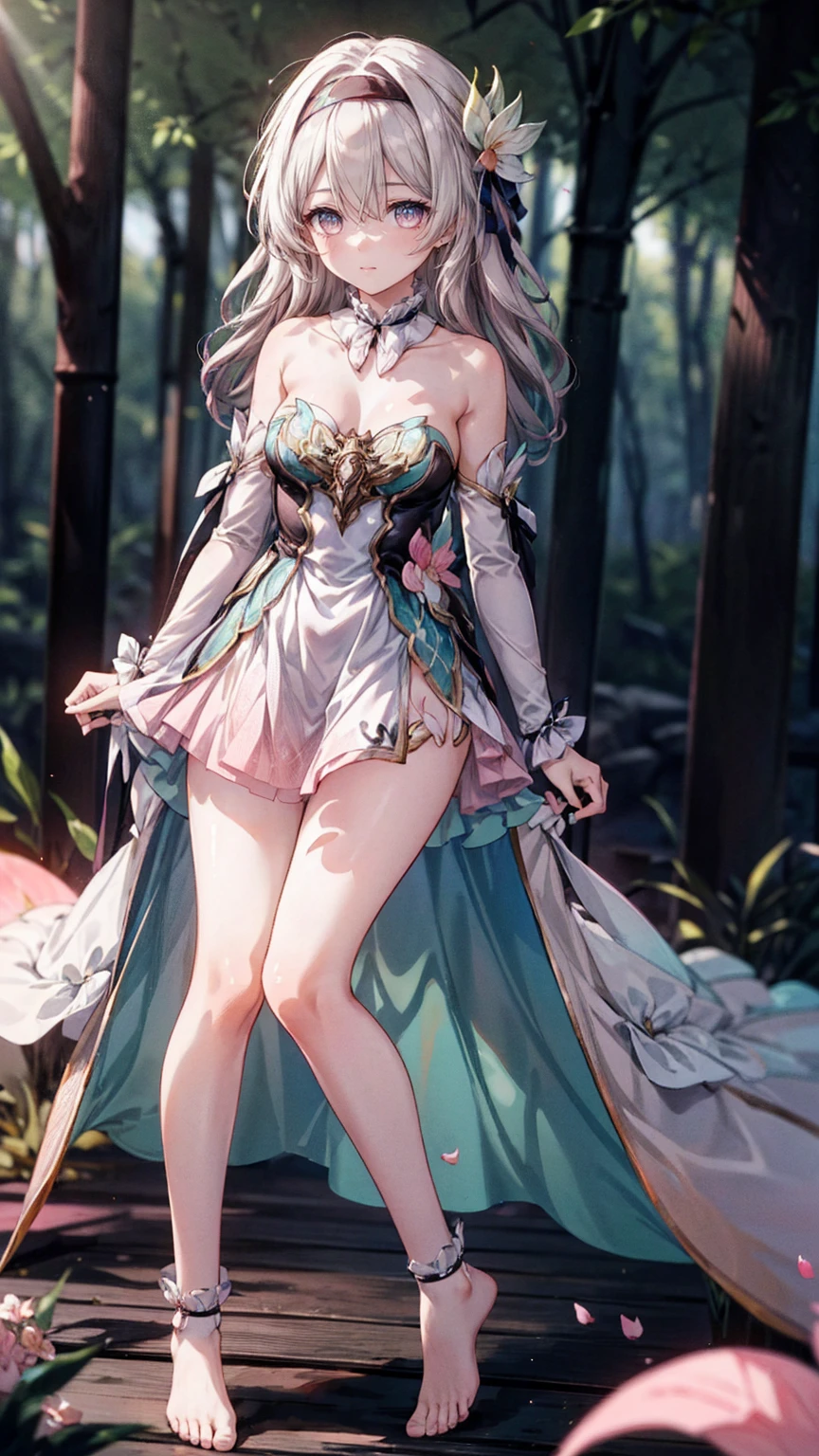 Bare feet，(Pink strapless dress :1.5), silver Long hair, black _ hair band, X-shaped _ eyebrows, hair band, POE _ Hair, bangs, bare shoulders, full body shot, white stockings,(Peach Blossom Forest 1.5)