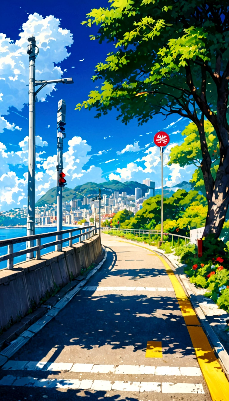 A painting of a street near the water, Traffic lights on a pole, rio de janeiro in an Japanese Manga film, Japanese Manga. author:shinkai makoto, Japanese Manga landscape, author:shinkai makoto, author:shinkai makoto, Japanese Manga landscape wallpaper, Japanese Manga scenery, hd Japanese Manga cityscape, shinkai makoto和 (Cain Kuga), Shinkai Makoto's style, High resolution, UHigh resolution, High resolutionR, 32 thousand,9:16