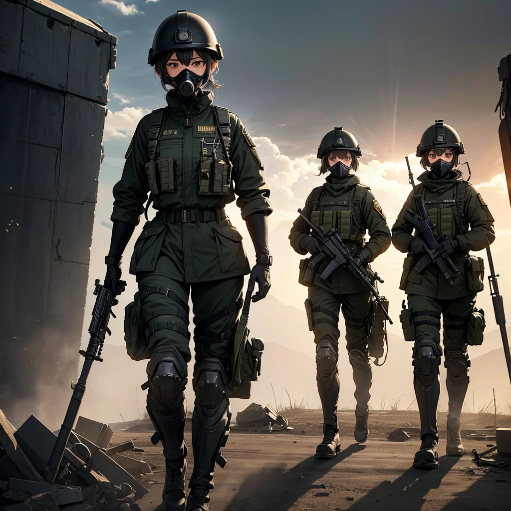 Three female soldiers standing together、Wear a black helmet、Wearing black M-15 military uniform、Gas Mask、Goggles、Only the upper part of the leg is shown、Write details、masterpiece、best quality、Highly detailed CG、8K picture quality、theater lighting、lens flare