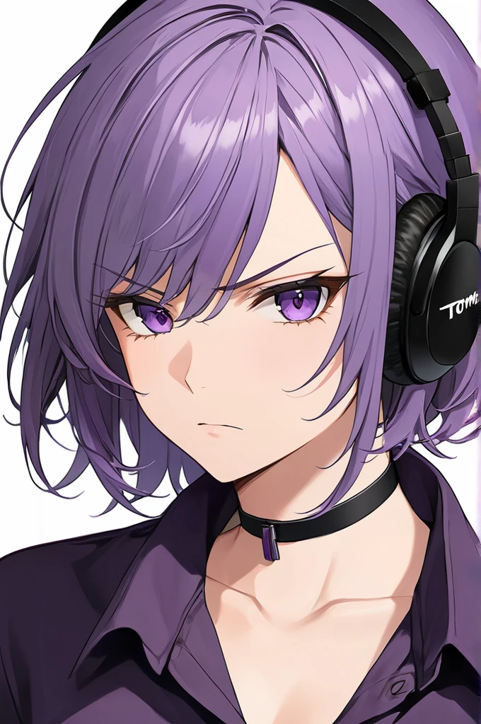 High-resolution anime digital art, Masterpiece, upper body, tomboy, mature, sexy, smart, hair color black, hairstyle black short, real detail eyes pupil purple, long purple plain closed shirt, black chokers, black headphone wireless, Angry face (simple background, white background)