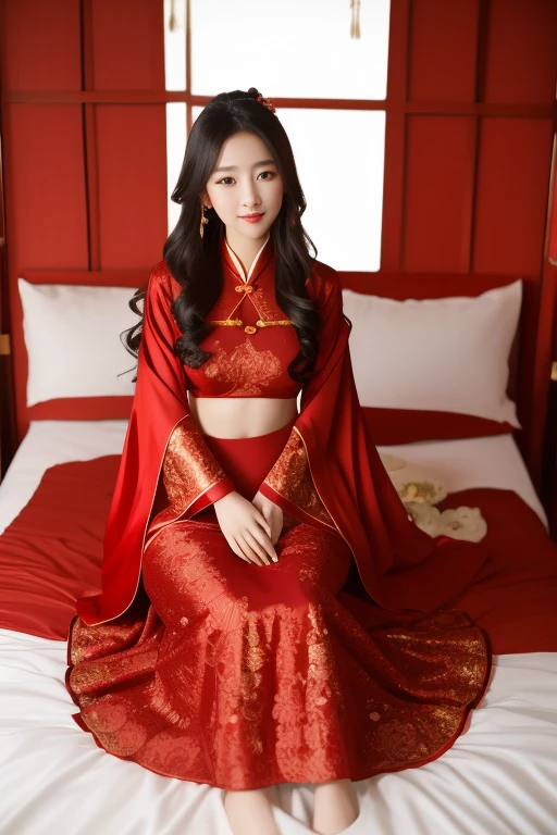 Woman in red lingerie sitting on bed,wearing red robe,Open V chest clothes,Asiaet.Goddess Wang Yiting,wearing sexy lingerie,traditional china,18 years old,Charming and alluring,穿著紅色cheongsam,Chinese clothing,beautiful exotic, interesting costumes, Chinese traditional clothing, Gorgeous Chinese model, Hanfu, cheongsam,Bellyband