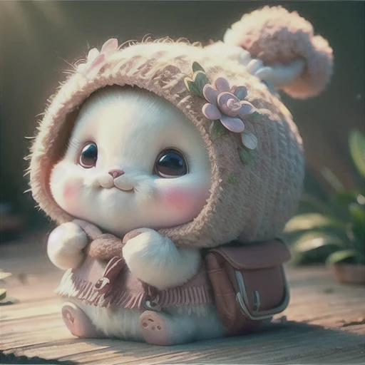 Have a camera, wood_stump, Flowers, Adorable , fluffy, Realistic, Soft lighting, 