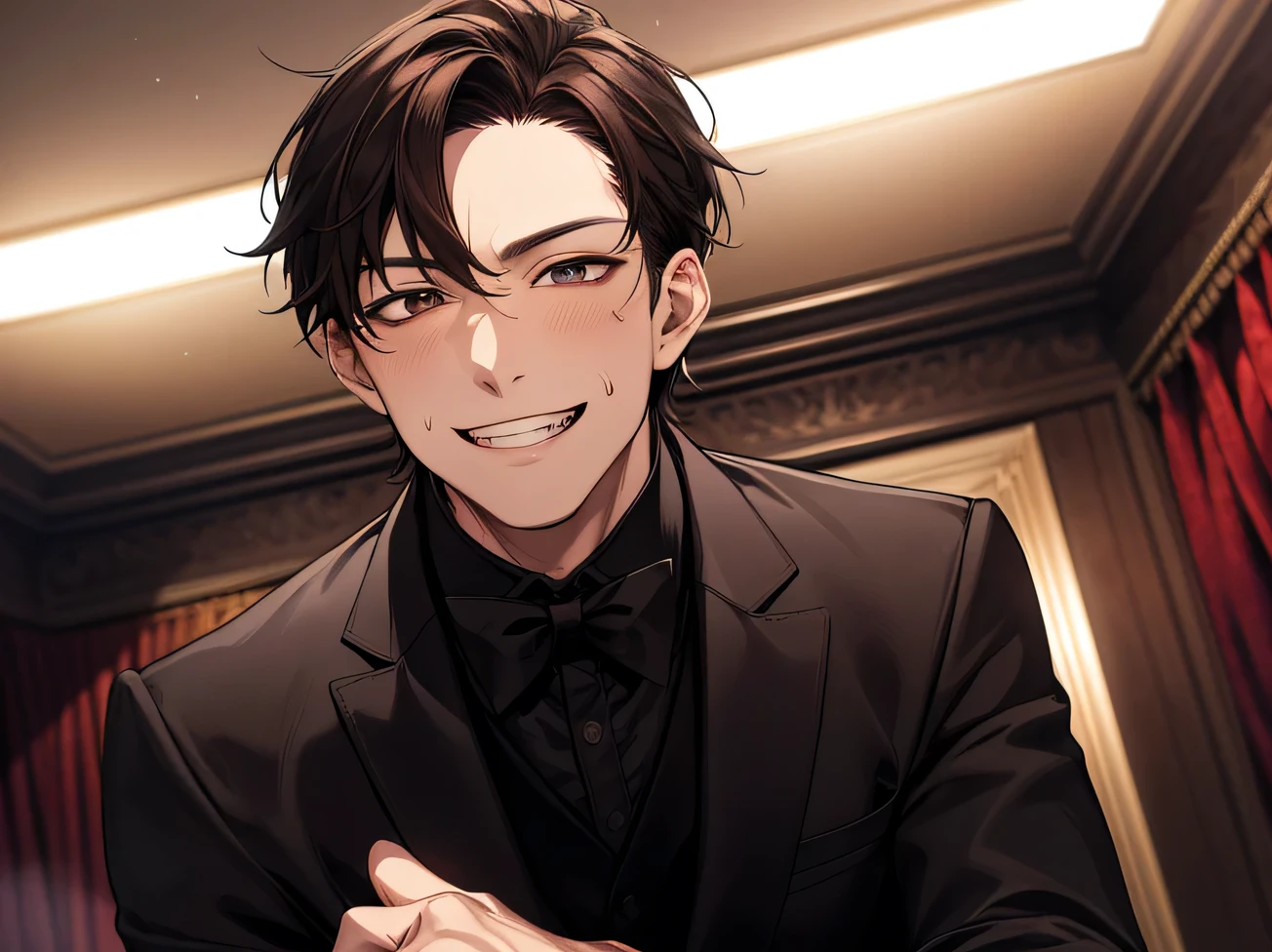 (Dark Room)、Moon night,Dynamic Angle,masterpiece,Face close-up,Angle from below,male, 45 years old,(male1 person)、A slightly aged face,alone,Adult,Rin々Funny face,Sharp Eye,Evil smile brown hair,all back,Kakiage,A nice black tuxedo,No ribbon,sweating,,smile,An inappropriate smile,Background mansion room,night,