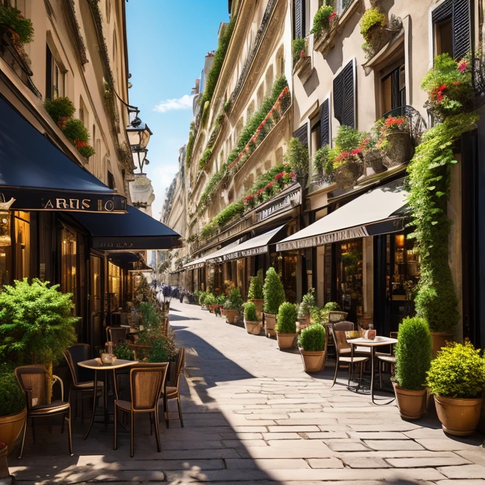 Paris cafe, Ultra-realistic, street, drinks on table, Chair, Potted plants .high quality images、8k,A sparkling morning scene