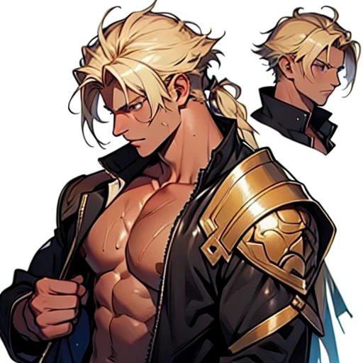 Detailed character design, complete parts, about the character lyon, with golden hair, soaked skin, muscular, 