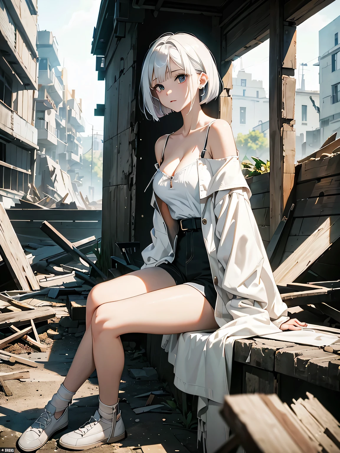 (masterpiece:1.5、highest quality、Every detail,Great lighting,Written boundary depth)(One Girl,alone)(pretty girl,Woman in off-the-shoulder clothes:1.4,Lifting the hem of the clothes、Shorts、White Bob、beautiful medium-sized breasts,Beautiful cleavage,thin and white legs、White skin)(ruins、Dilapidated building、Collapsed wall)(Close-up)(Elegant woman posing、Sitting)