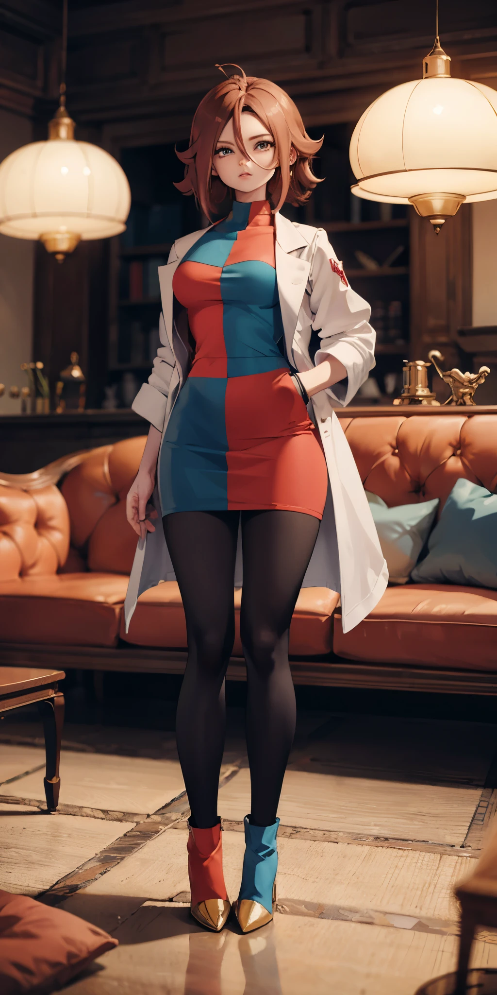 android 21, copos, longos cabelos castanhos, olhos azuis, vestido xadrez, lab coat, pantyhose, olhando para o espectador, serious, sentado, not sofa, pernas cruzadas, sala de estar aconchegante, light bulb, alta qualidade, Obra de arte, 