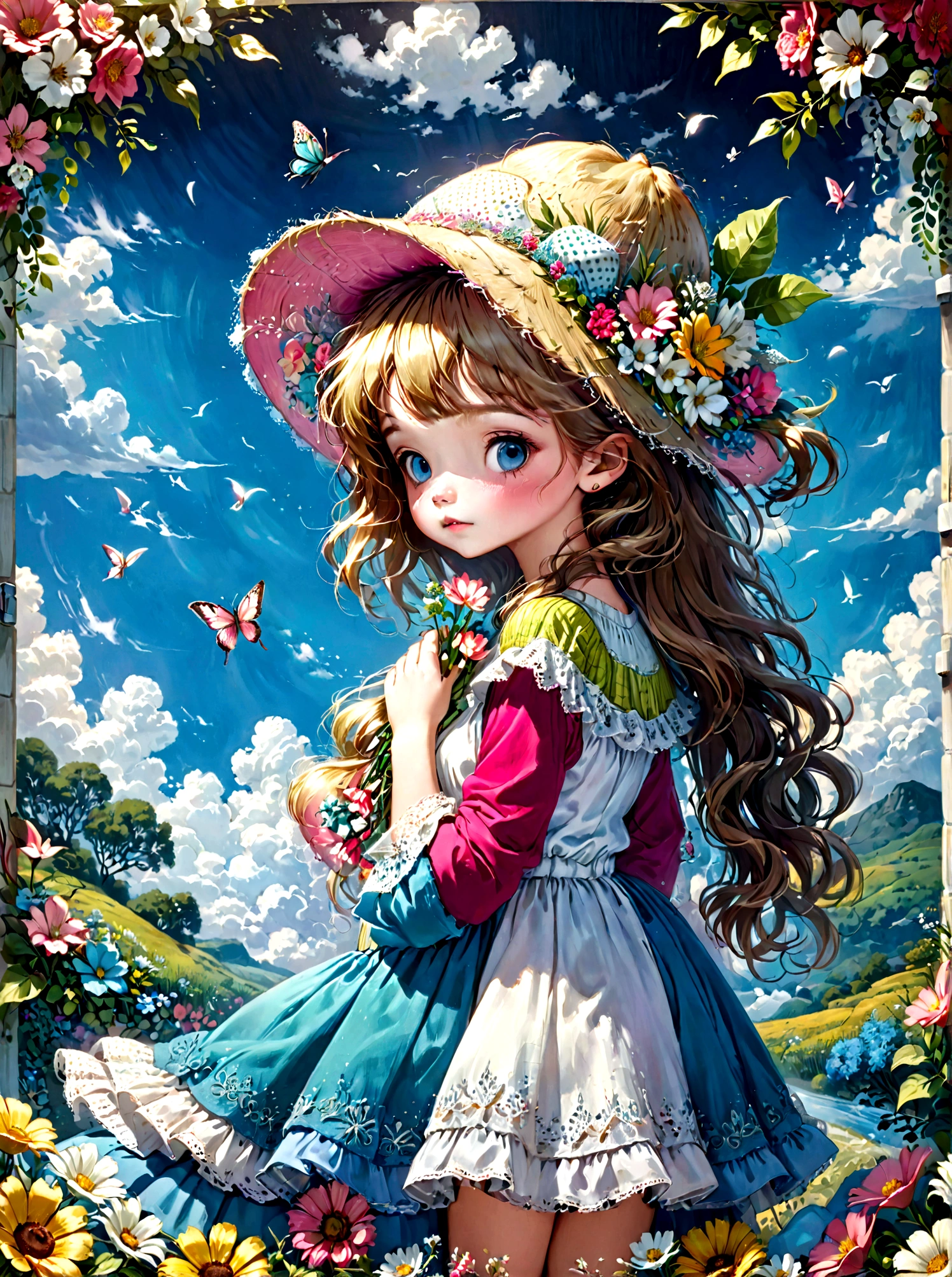 lcolores sweet pastelas, (a hermosa scene in the style of Sarah Kay, 1 pair young frente a frente besandoce tiernamente, el sombrero de The little girl les tapa la cara, hermosa, magic, Idyllic, dreamer, alegre), The little girl, lleva en una mano canasta de flores, prado, cielo azul, nubes esponjosas, luz dorada del sol, serene expression, cabello largo, vestido floral detallado, cabello detallado, rostro detallado, manos detalladas, realistic lighting, fotorrealista, muy detallada, obra maestra, mejor calidad, 4k, 8k, high resolution, (ultra detallada), (realista: 1.37), studio lighting, colores vivos, warm color palette