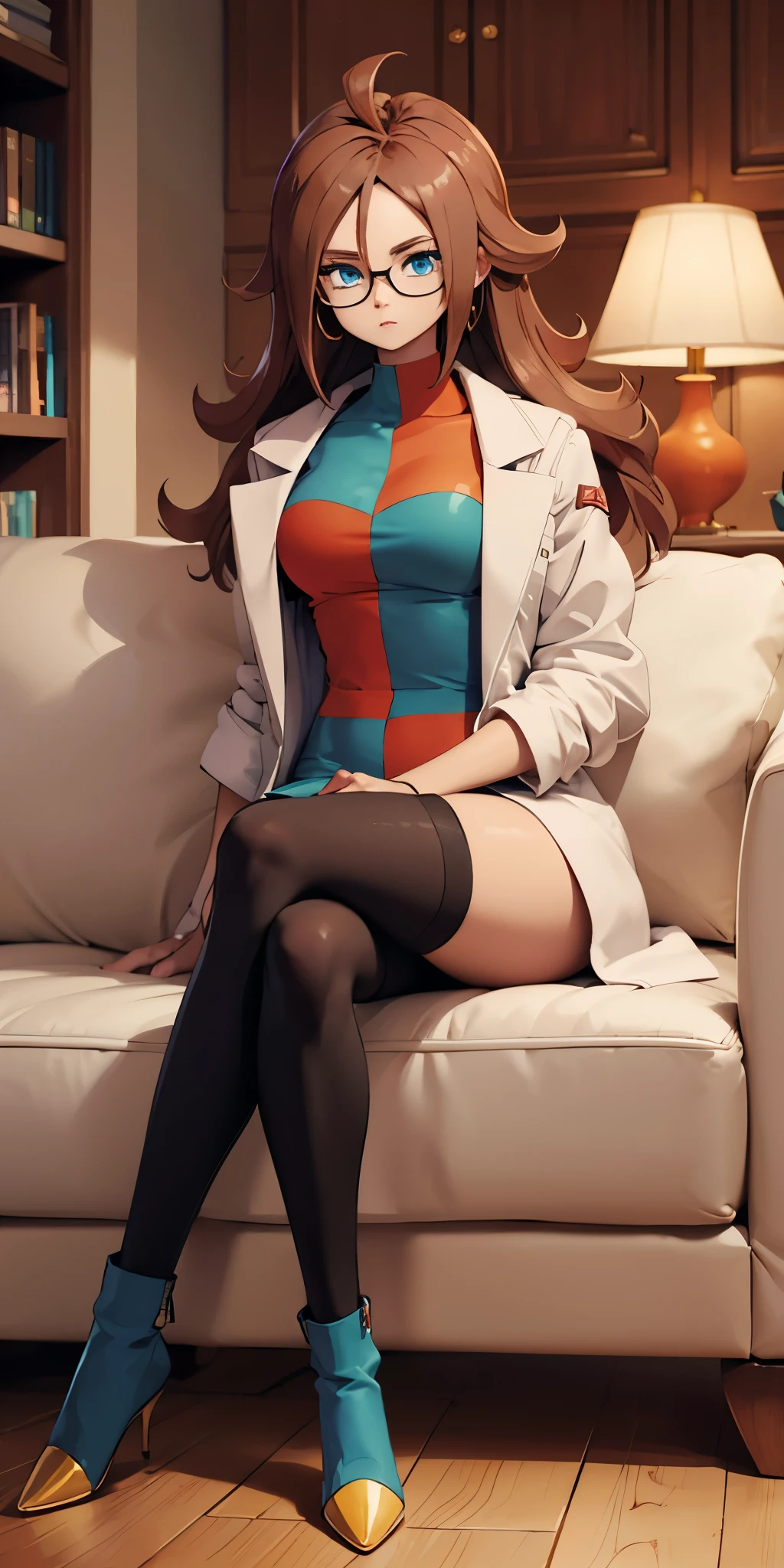 android 21, glasses, long brown hair, glasses, blue eyes, plaid dress, lab coat, tights, looking at viewer, serious, sitting, on sofa, legs crossed, cozy living room, lamp, high quality, Artwork art, 