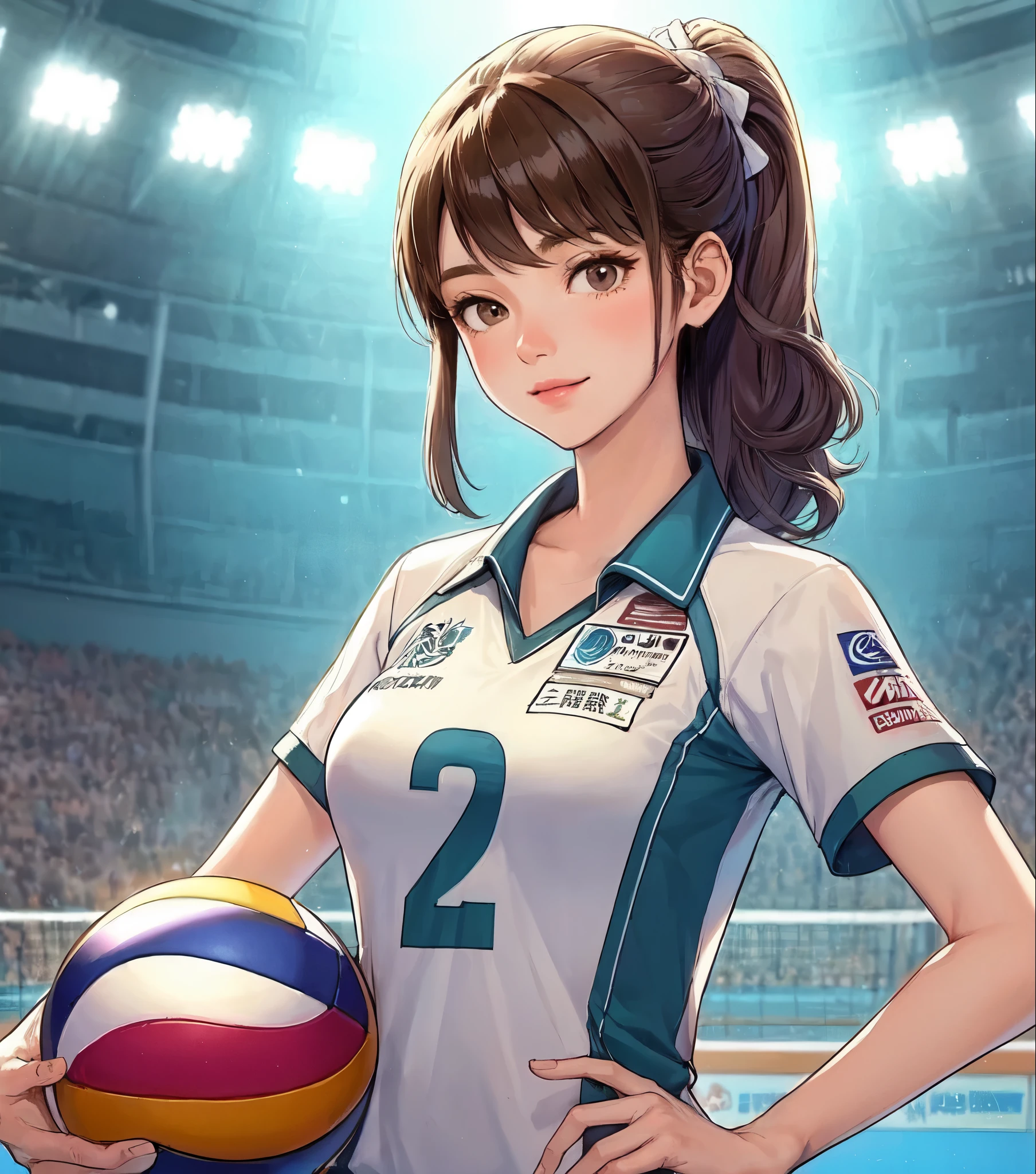 1lady standing, volleyball player, (volleyball uniform) (company logo), mature female, /(brown hair/) bangs, light smile, (masterpiece best quality:1.2) delicate illustration ultra-detailed, large breasts, (holding volleyball in hand) BREAK (indoor stadium) indoors, volleyball court, audience, detailed background