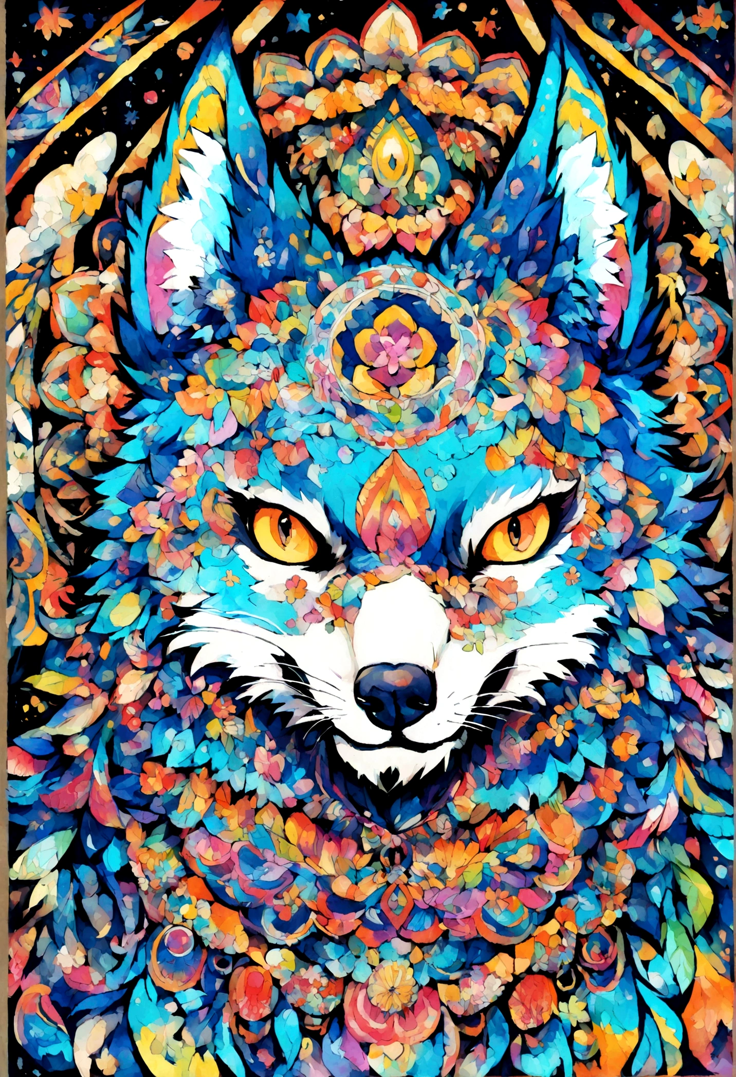 ２Vivid colorful drawing of cool wolf-based mandalas