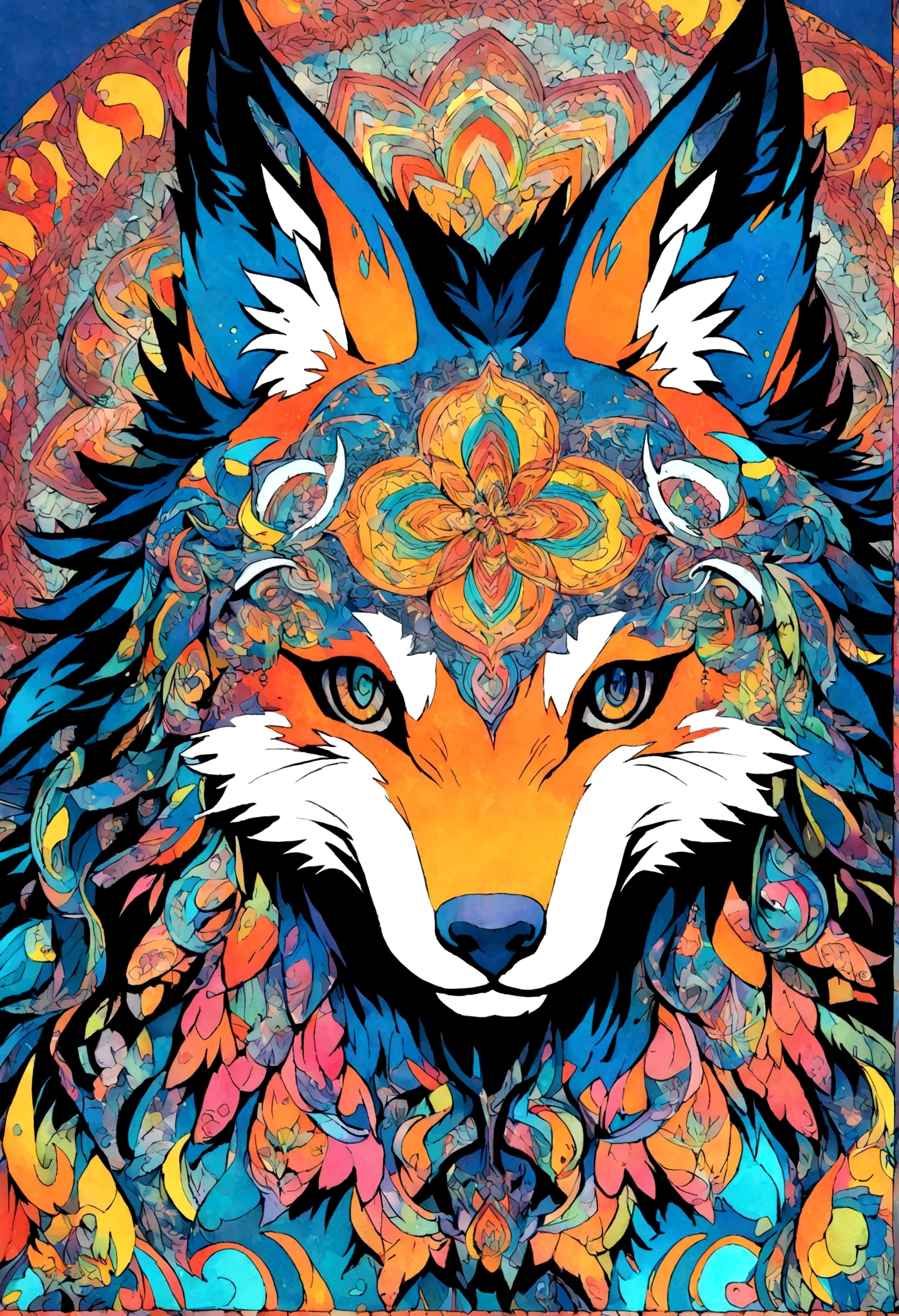 ２Vivid colorful drawing of cool wolf-based mandalas