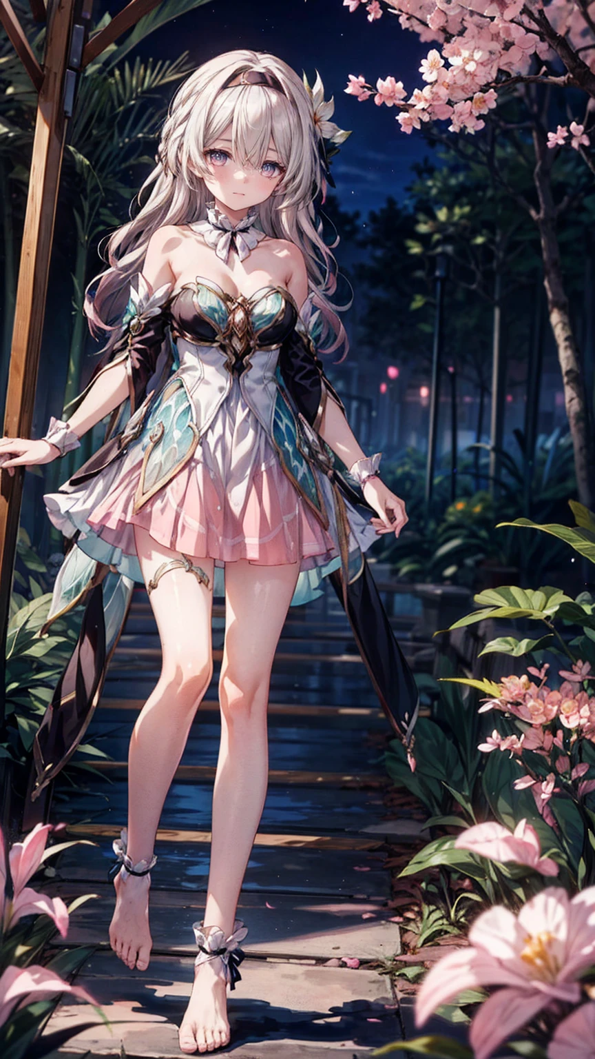 Bare feet,(Pink strapless dress :1.5), silver Long hair, black _ hair band, X-shaped _ eyebrows, hair band, POE _ Hair, bangs, bare shoulders, full body shot, white stockings,(Peach Blossom Forest 1.5)