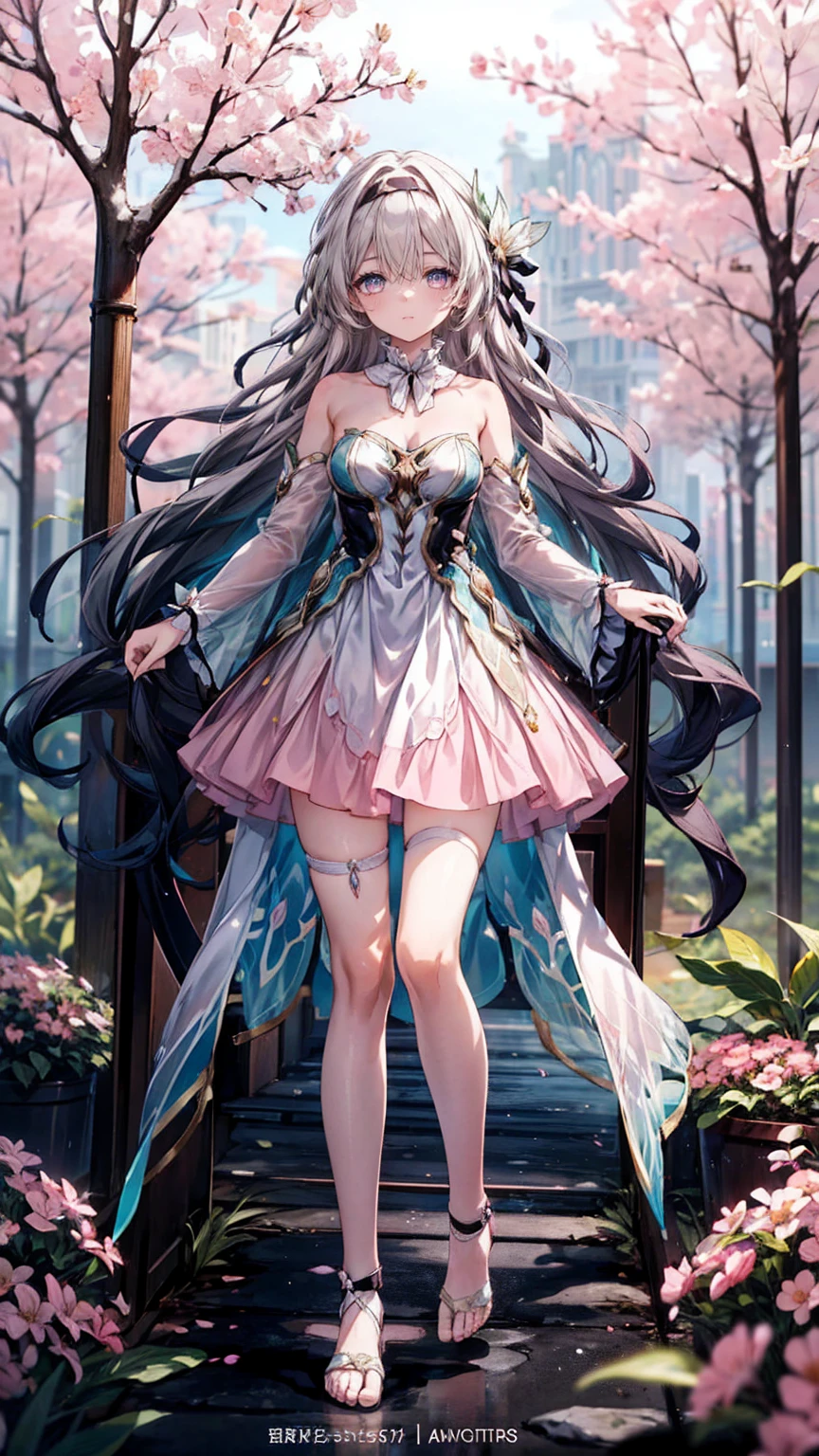 Bare feet，(Pink strapless dress :1.5), silver Long hair, black _ hair band, X-shaped _ eyebrows, hair band, POE _ Hair, bangs, bare shoulders, full body shot, white stockings,(Peach Blossom Forest 1.5)