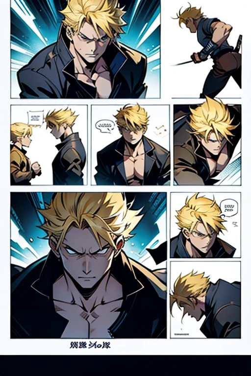 Anime guy with blonde hair fighting , manga page with panels and dialogue 