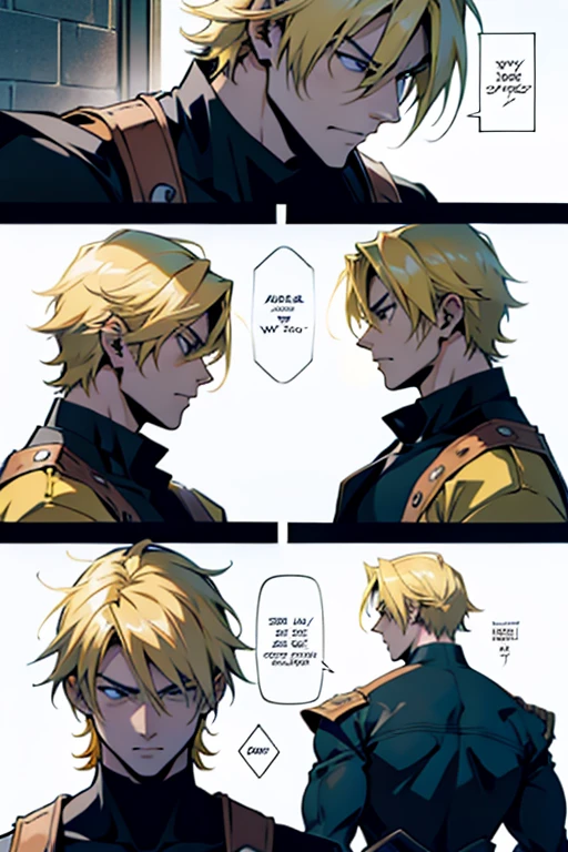 Anime guy with blonde hair fighting , manga page with panels and dialogue