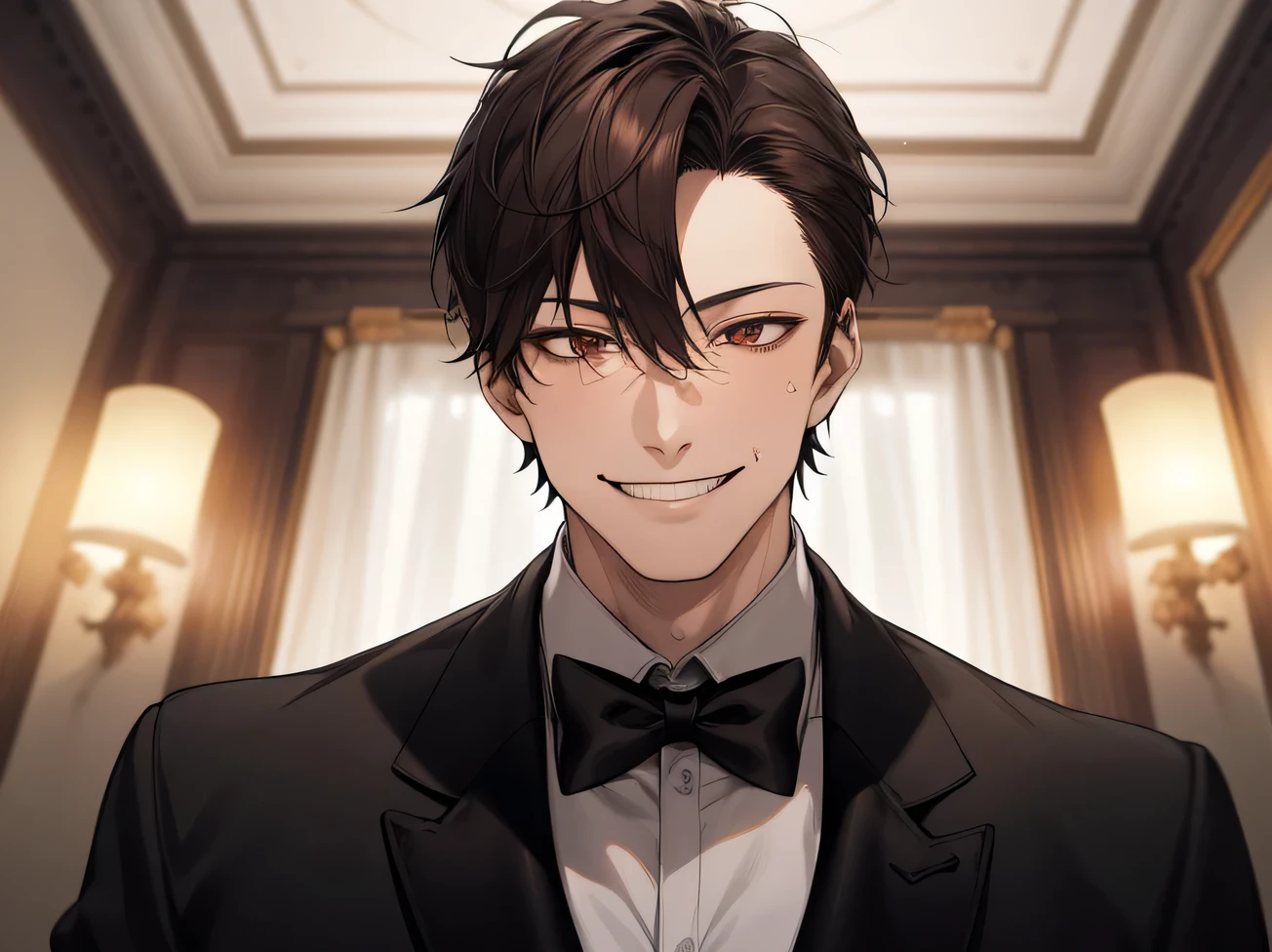 (Dark Room)、Moon night,Dynamic Angle,masterpiece,Face close-up,Angle from below,male, 45 years old,(male1 person)、A slightly aged face,alone,Adult,Rin々Funny face,Sharp Eye,Evil smile brown hair,all back,Kakiage,A nice black tuxedo,No ribbon,sweating,,smile,An inappropriate smile,Background mansion room,night,