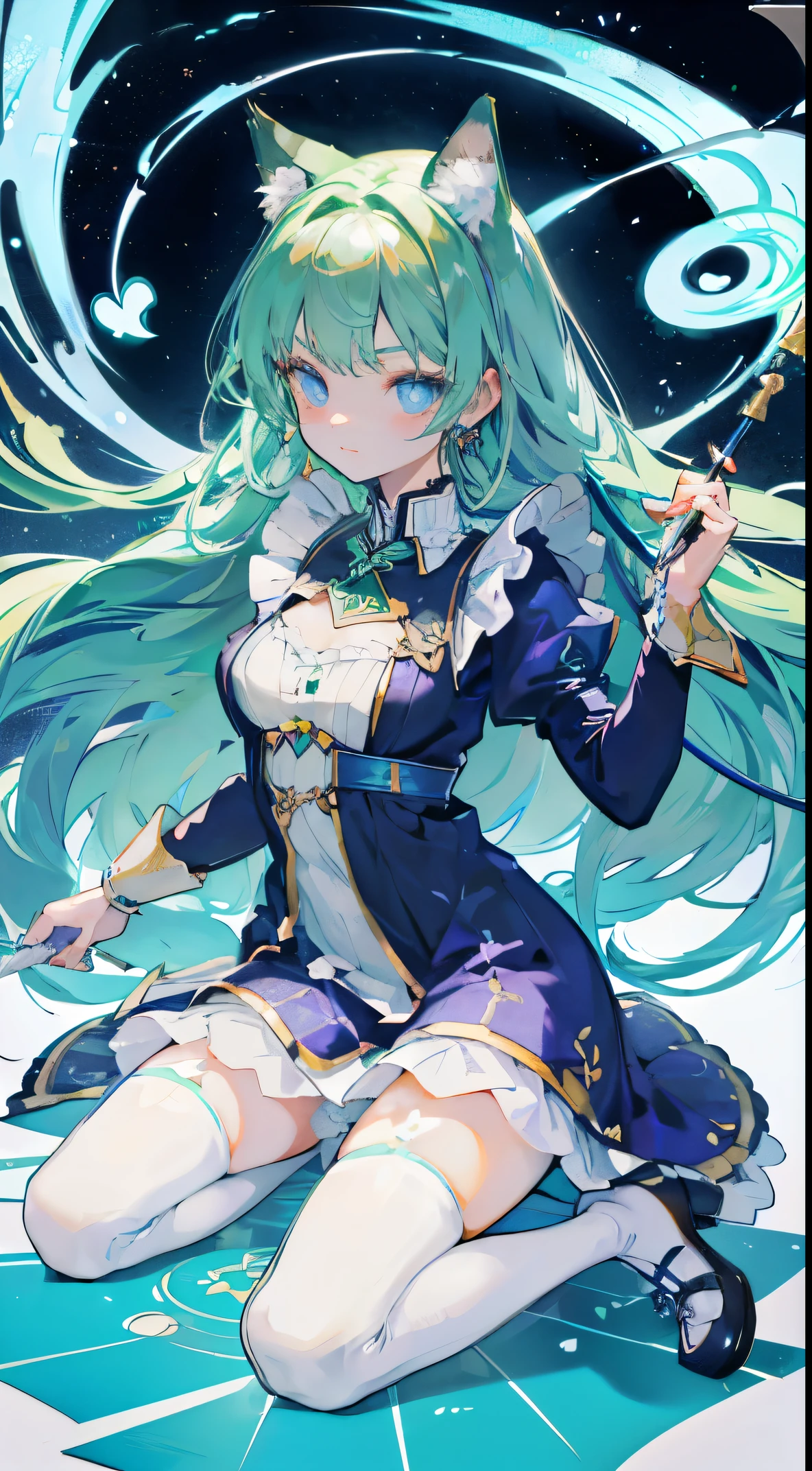 ((Tabletop, highest quality: 1.1), ((Anime girl in a blue dress holding a magic wand)), Art Nouveau、Anime Cat girl wearing a maid costume, , ((Green hairs))、Long-haired person、((Eyes that shine like jewels, Long eyelashes, Transparency))、Very Beautiful Anime Cat girl, Anime cat girl, ((White knee-high socks)), Attractive Cat Girl, I'At the candy store,Inspired by Leiko Ikemura, Takano Aya color style, in ryuuou no oshigoto art style, Cat girl, Someone you admire, rei hiroe、smile