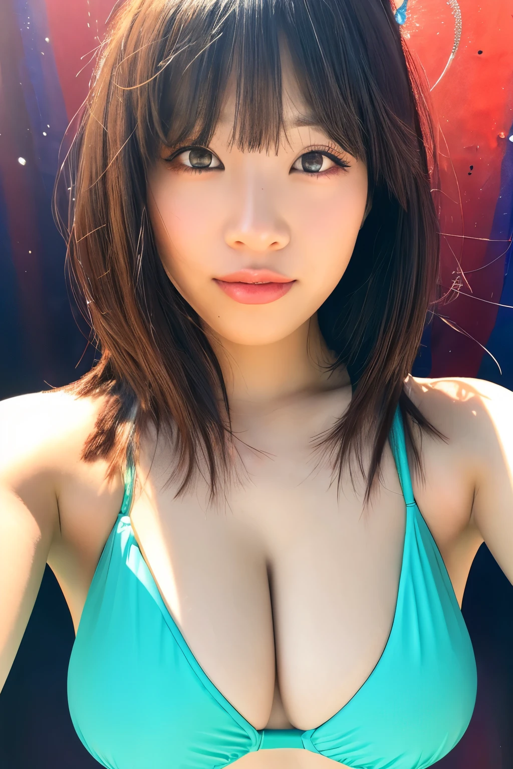 Woman looking this way、(highest quality)、Stylish, detailed background、4K、Real、Precision, bangs, bangs over eyes, (detailed eyes)、Swimwear、Selfie