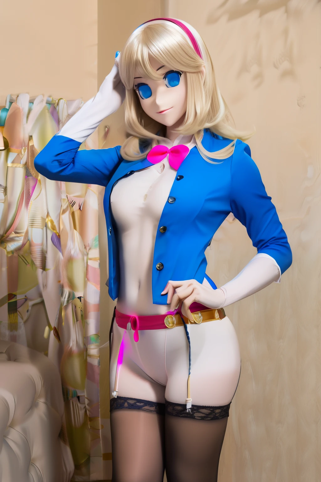 ultra high definition, highres, very detailed, animatronic housewife, blond hair, blue eyes, pink shirt, pink hairband, jeans, glowing eyes, standing erect, nsfw