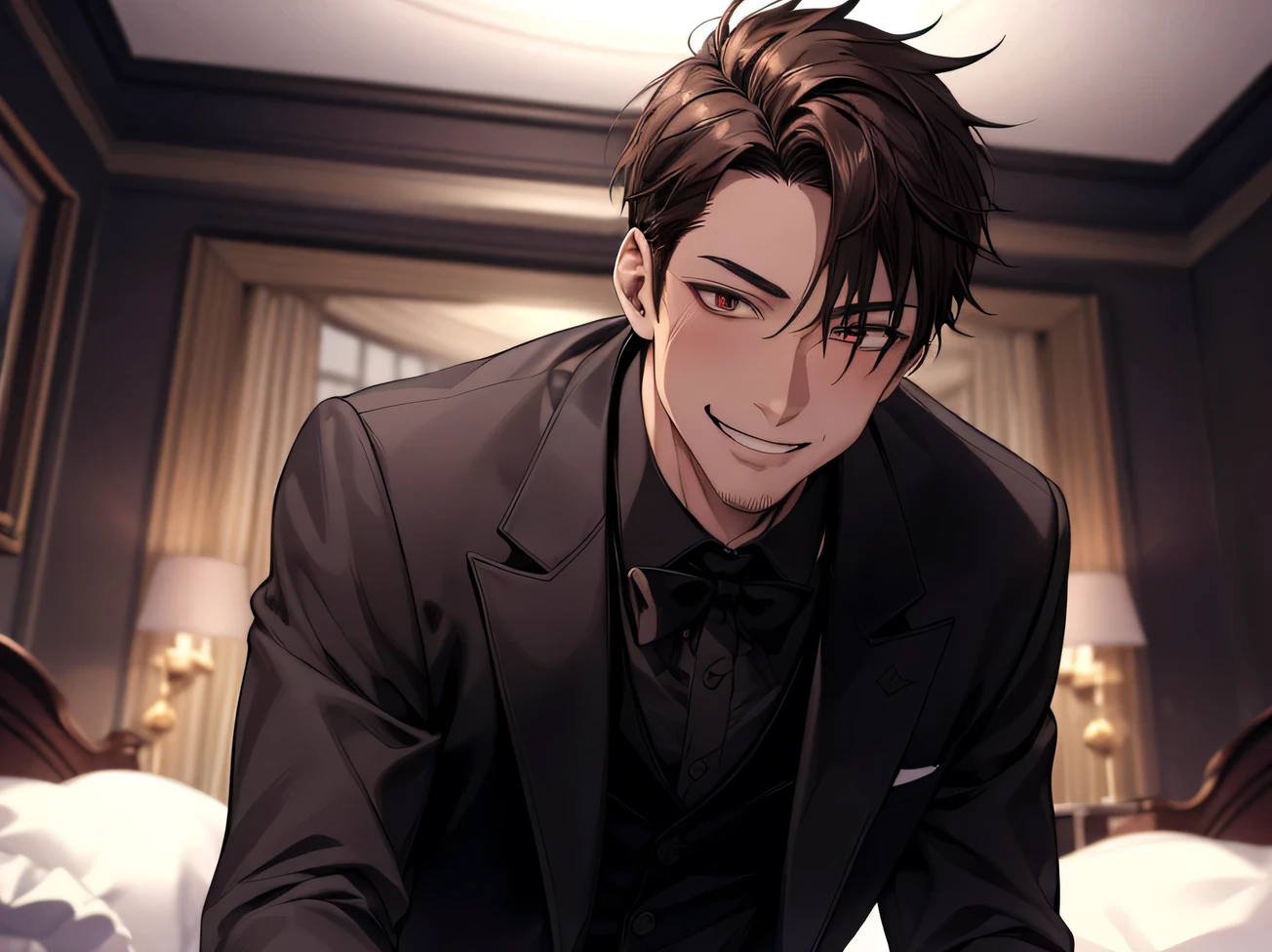 (Dark Room)、Moon night,Dynamic Angle,masterpiece,Face close-up,Angle from below,male, 45 years old,(male1 person)、A slightly aged face,alone,Adult,Rin々Funny face,Sharp Eye,Evil smile brown hair,all back,Kakiage,A nice black tuxedo,No ribbon,sweating,,smile,An inappropriate smile,Background mansion room,night,