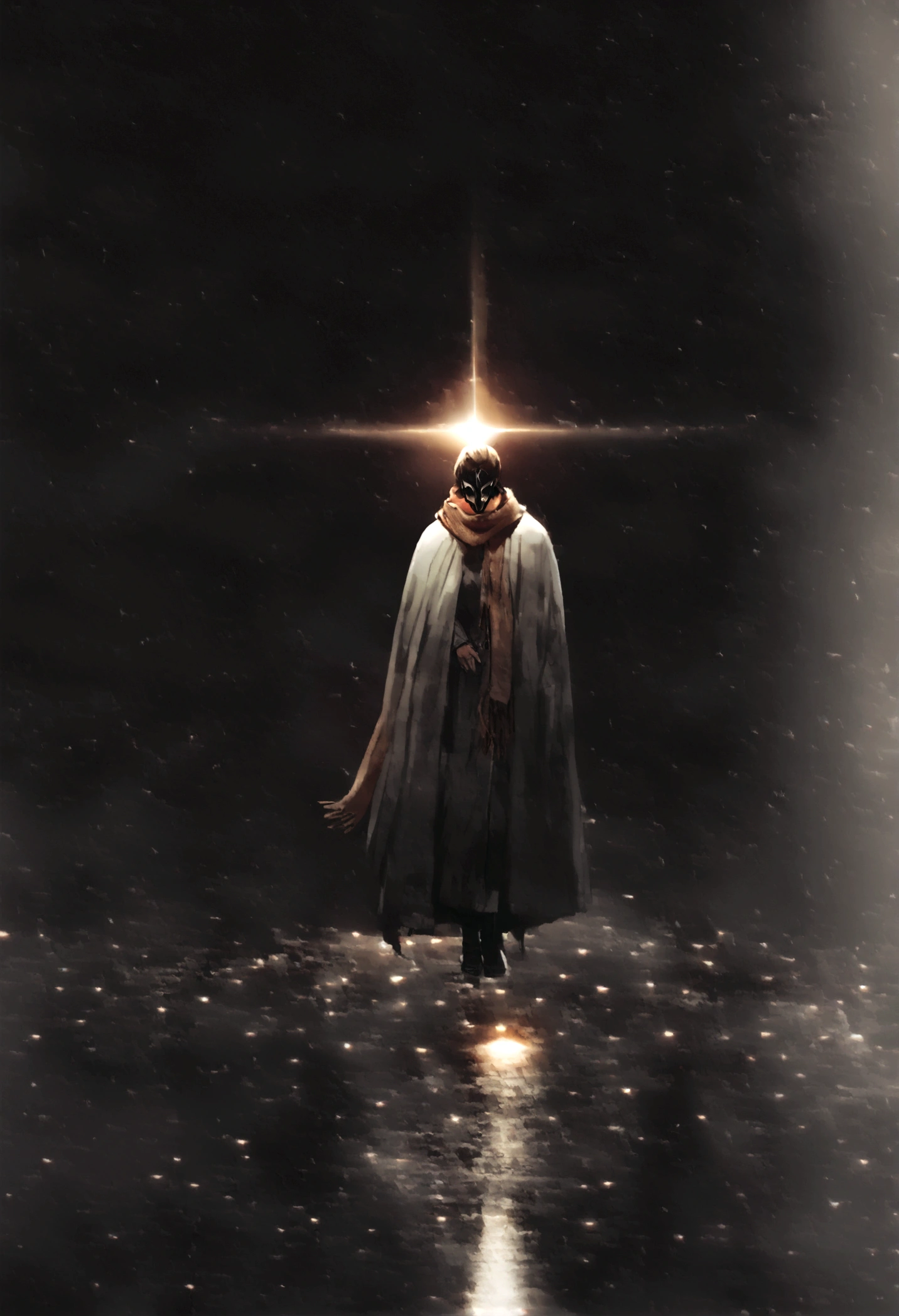 realistic,shining,reflective,bioluminescence, Galactic Cybernetic Mask,Mecca,(assassin:1.2),((((scarf,Long cloak)))),SH4G0D,shining룬_Red,whole body,cinematic,dark background,backlight,high contrast