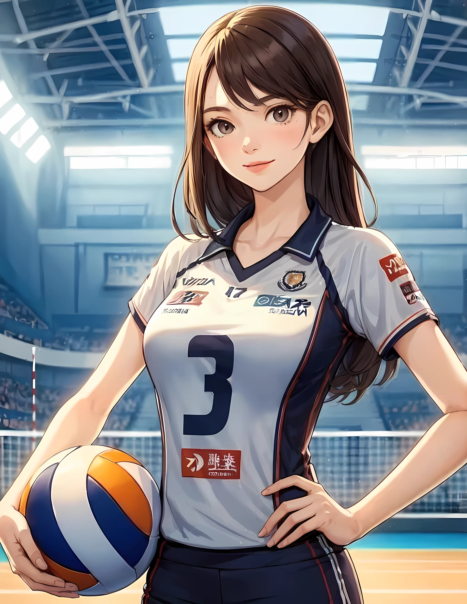 1lady standing, volleyball player, (volleyball uniform) (company logo), mature female, /(dark brown hair/) bangs, light smile, (masterpiece best quality:1.2) delicate illustration ultra-detailed, large breasts, (holding volleyball in hand) BREAK (indoor stadium) indoors, volleyball court, audience, detailed background