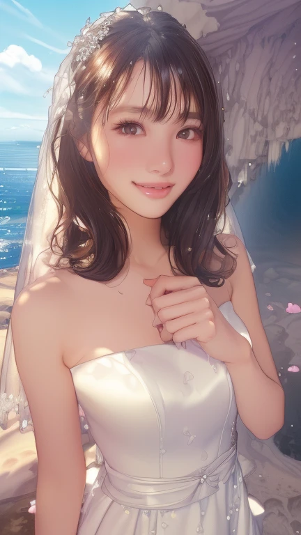 (highest quality, 32k, Ultra-high resolution:1.2), (RAW Photos), (Realistic), (High resolution), Large file size, Super detailed, Very beautiful face & eye, One girl, Cute Japanese elementary school girl, 14, 13yo, 12 years old, Round and small face, Narrow waist, Big Breasts, Slim figure, Thin thighs, (Wedding dress, Wedding Veil, Standing above a sea cave:1.35), Nice hands, Perfect hands, Accurate hand drawing, Perfect Parents Refer to & refer to, Sweaty, shy smile, Pure white teeth, (Sky after rain、Big cave with high waves:1.35), (Droopy eyes, Natural Makeup、Ultra-high definition beauty face:1.25)、(Ultra high resolution perfect beautiful teeth, Center of chest, Tight waist, smile:1.15)、Ultra HD Shining Eyes、Super high quality glossy lip, (Photorealistic:1.2), From below, 8k, masterpiece