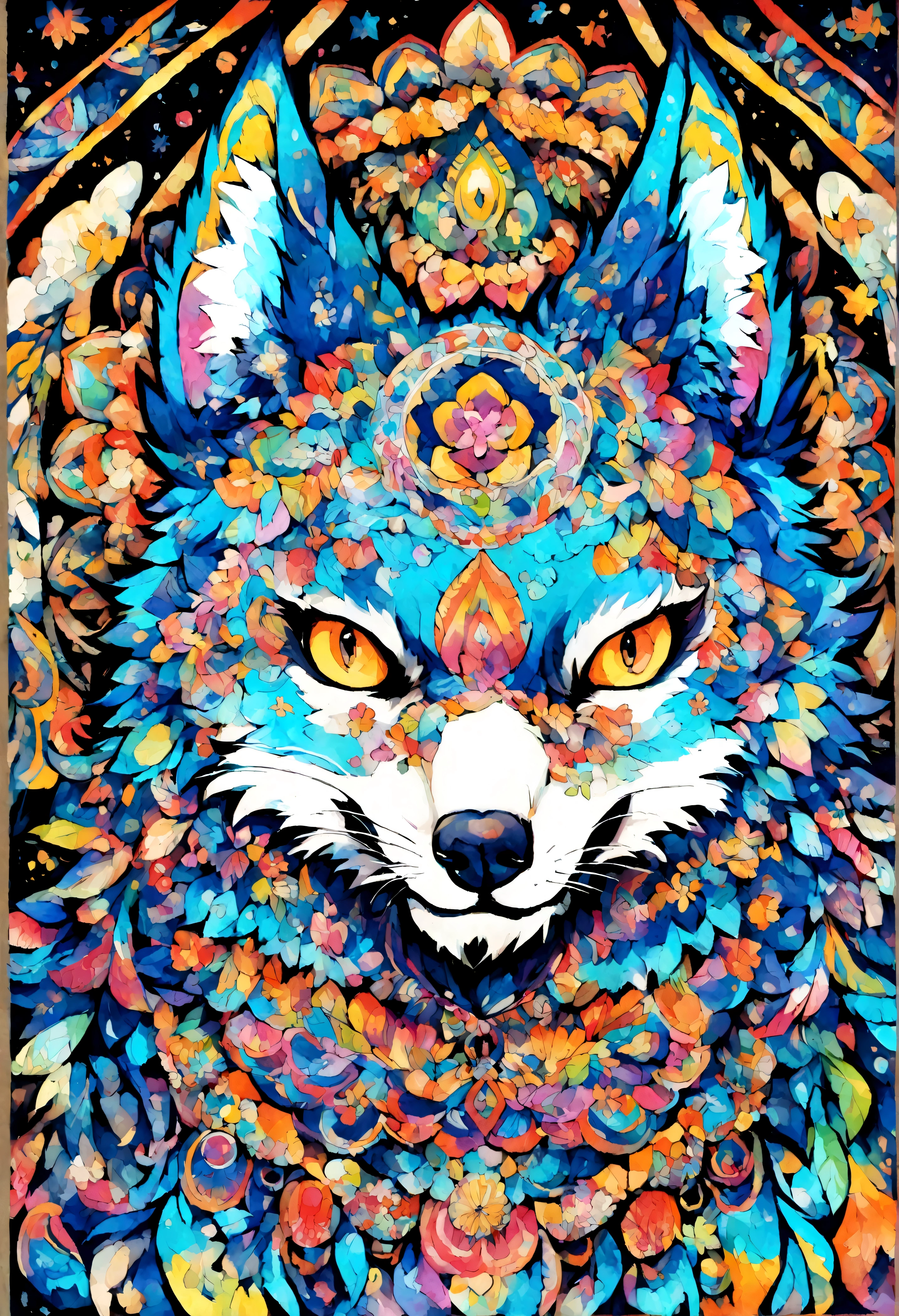 2Vivid colorful drawing of cool wolf-based mandalas