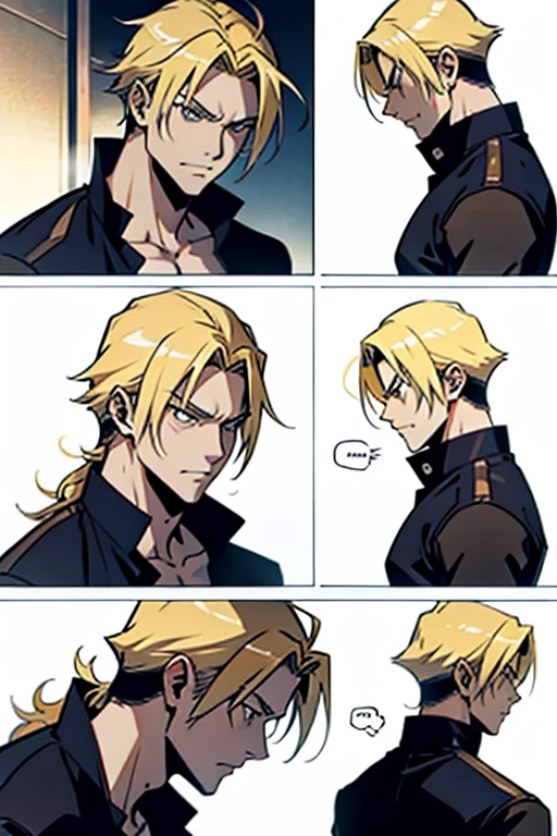Anime guy with blonde hair fighting, manga page with panels and dialogue 