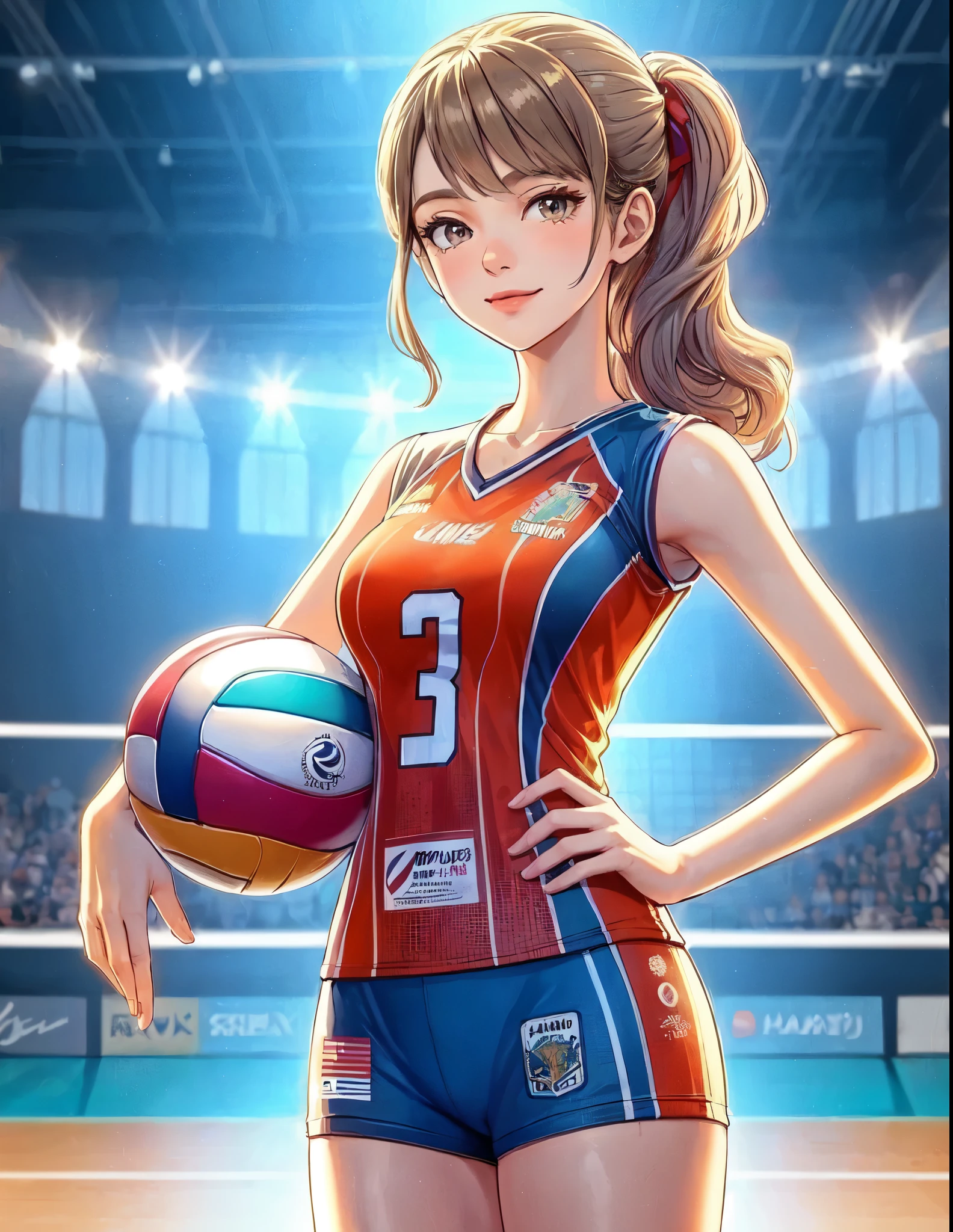 1lady standing, volleyball player, (volleyball uniform) (company logo), mature female, /(dark beige hair/) bangs, light smile, (masterpiece best quality:1.2) delicate illustration ultra-detailed, large breasts, (holding volleyball in hand) BREAK (indoor stadium) indoors, volleyball court, audience, detailed background