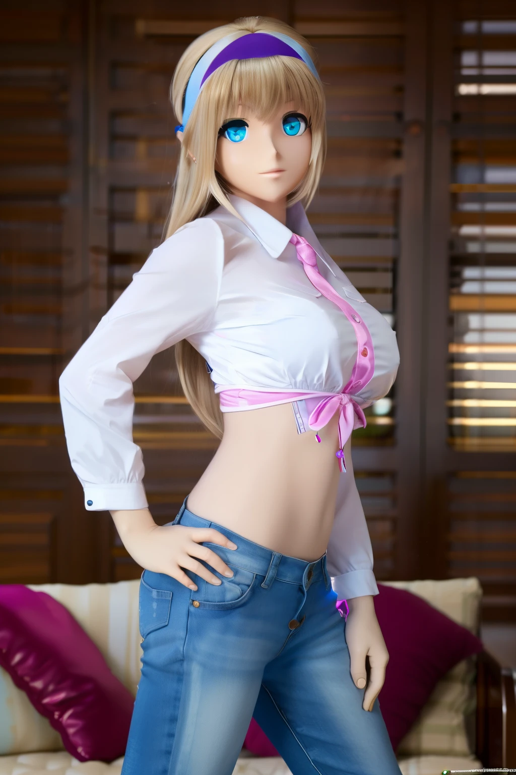 ultra high definition, highres, very detailed, animatronic housewife, blond hair, blue eyes, pink shirt, pink hairband, jeans, glowing eyes, standing erect, nsfw