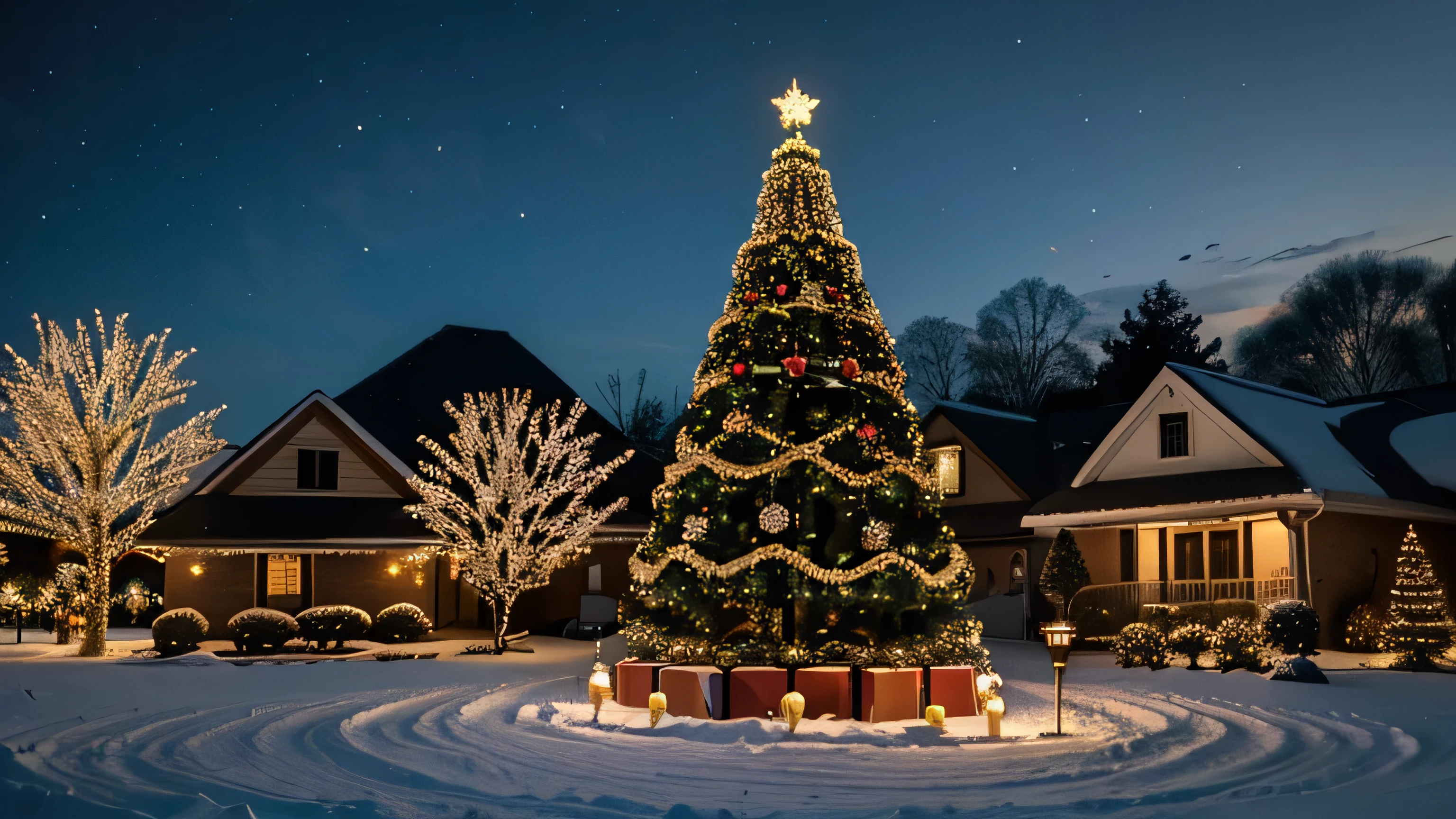 the Christmas tree in the illustration. It glows at night with colorful lights and lights up the yard on a special Christmas night.