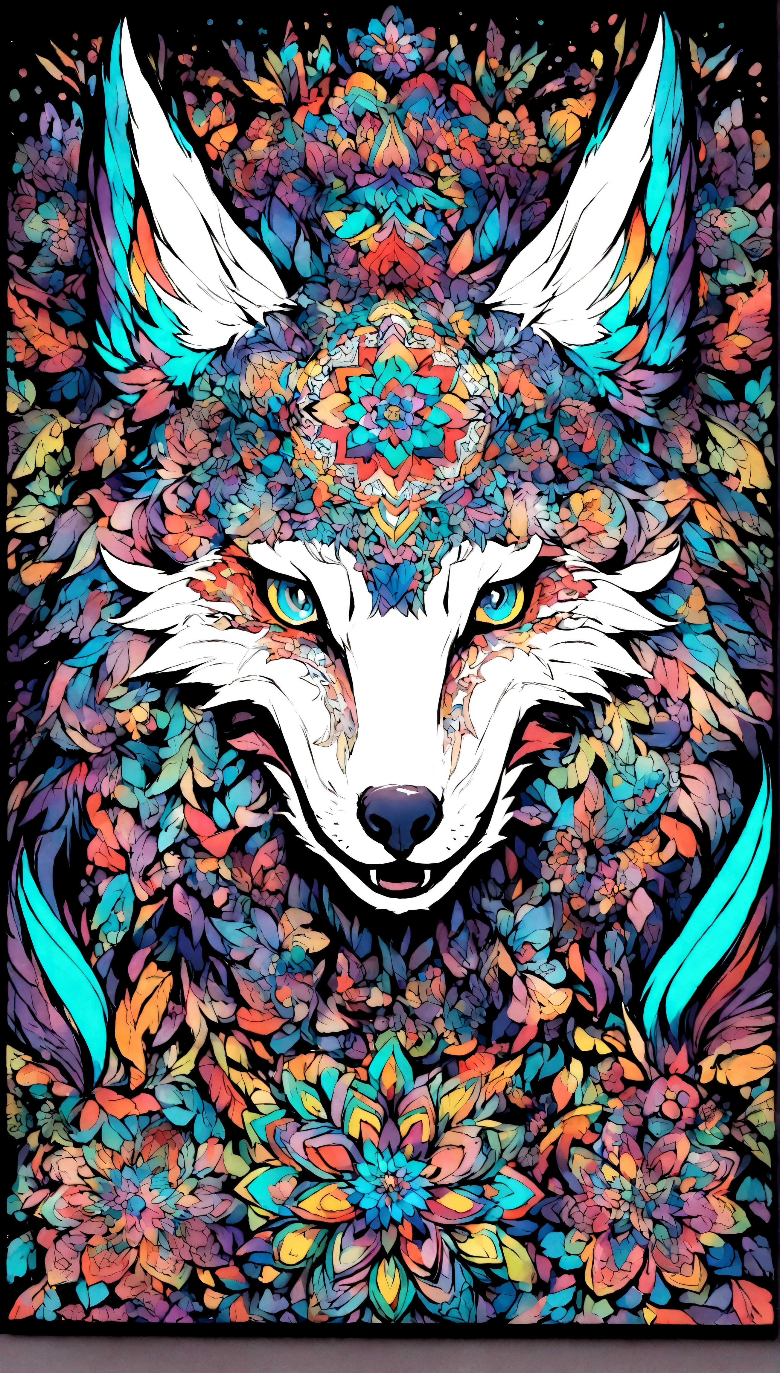 2Vivid colorful drawing of cool wolf-based mandalas