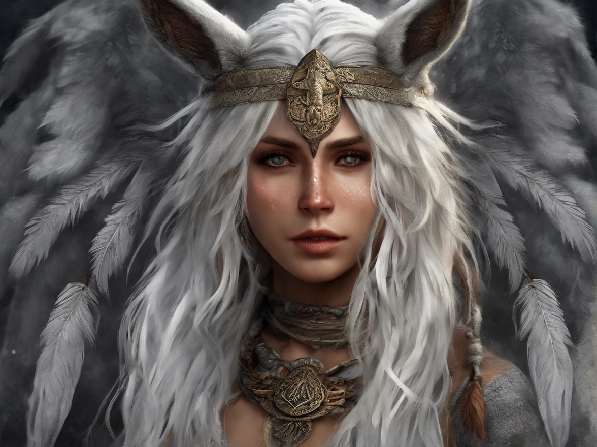 a white haired girl, , rabbit, half dragon, 1girl, detailed beautiful face, long white hair, detailed eyes, ethereal mystical creature, fantasy forest background, warm soft lighting, detailed fur and scales, rabbit ears, dragon wings, magical glowing aura, (best quality,4k,8k,highres,masterpiece:1.2),ultra-detailed,(realistic,photorealistic,photo-realistic:1.37),digital painting,concept art,vibrant colors,dramatic lighting