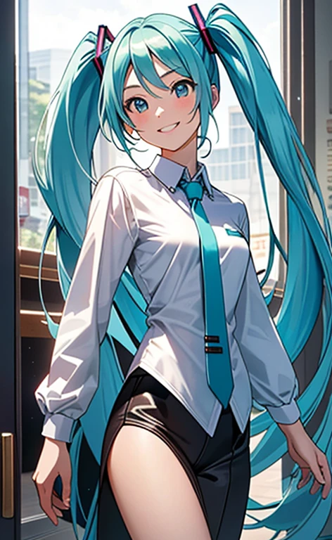 (masterpiece:1.4、top-quality、illustration:1.4,realistic、)、(character focus、breast focus,cowboy shot:1.3)、(1girl),(clear face:1.3),(miku hatume),cute face,blue eyes、()、
,(stand:1.4),(Shining smile),
,(slender),(business suit:1.3),
(fluorescence light green long hair:1.6,,),(twintails), (small breasts:1.3)、
、slender、hatsune_miku_bluearchive