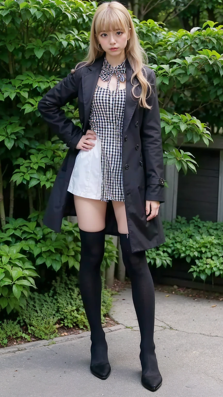 (8k、RAW Photos、highest quality、masterpiece:1.2)、(Realistic、Realistic)、1 girl、((Black coat、Blonde、Angry face、Checked ee-through、Ribbon on chest、Knee socks、、Big Breasts、boots、whole body、garden、View from the front、Looking into the camera、Standing with one hand on one hip))、