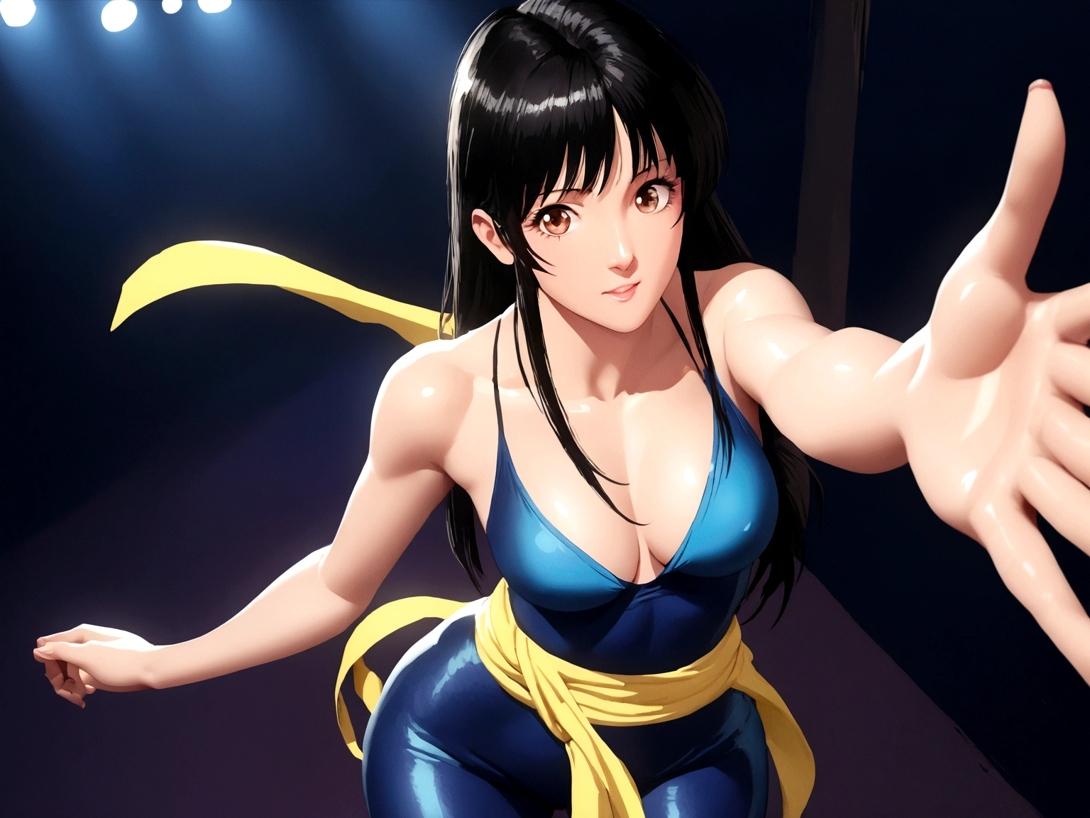 masterpiece, best quality, highly detailed, ultra high resolution, (photorealistic: 1.8), unreal_engine, photography, realistic_skin_texture, wallpaper, 1 boy, hayato kasukabe, japanese face, (ultra detailed face), 8k, trending on artstation, highly detailed , best quality, ultra detailed, realistic, Hitomi Kisugi, 1 girl, beautiful girl, long black hair, beautiful detailed eyes, beautiful detailed lips, eyelashes, beautiful eyes, beautiful brown eyes, detailed face, beautiful face, beautiful face, blue bodysuit, dressed in blue, a thin yellow sash around the waist, bright colors, HDR, studio lighting, sharp focus, in action towards the spectator, posing towards the spectator