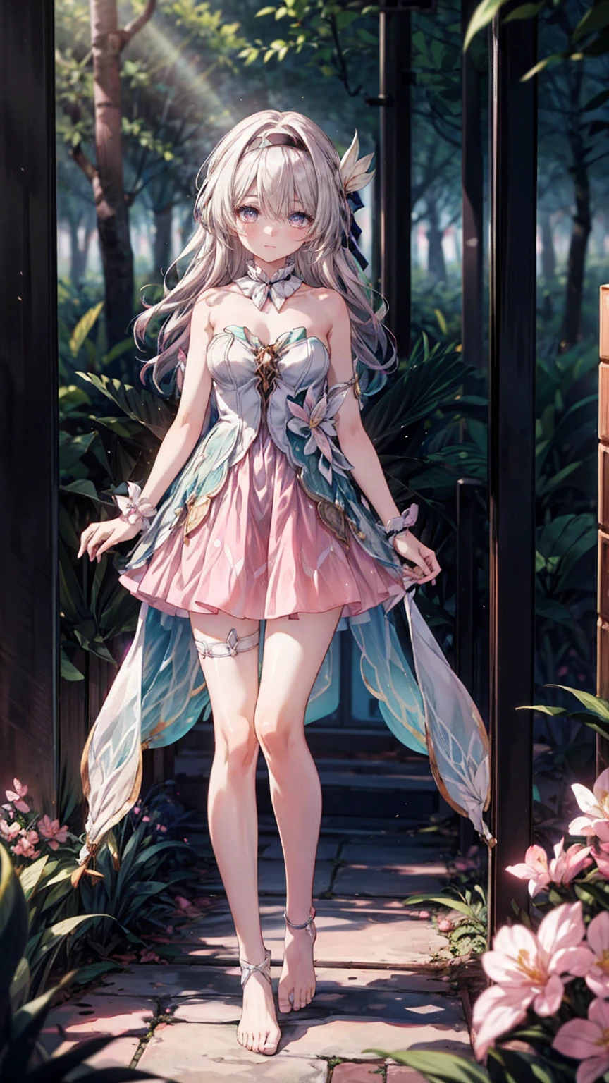 Bare feet，(Pink strapless dress :1.5), silver Long hair, black _ hair band, X-shaped _ eyebrows, hair band, POE _ Hair, bangs, bare shoulders, full body shot, white stockings,(Peach Blossom Forest 1.5)