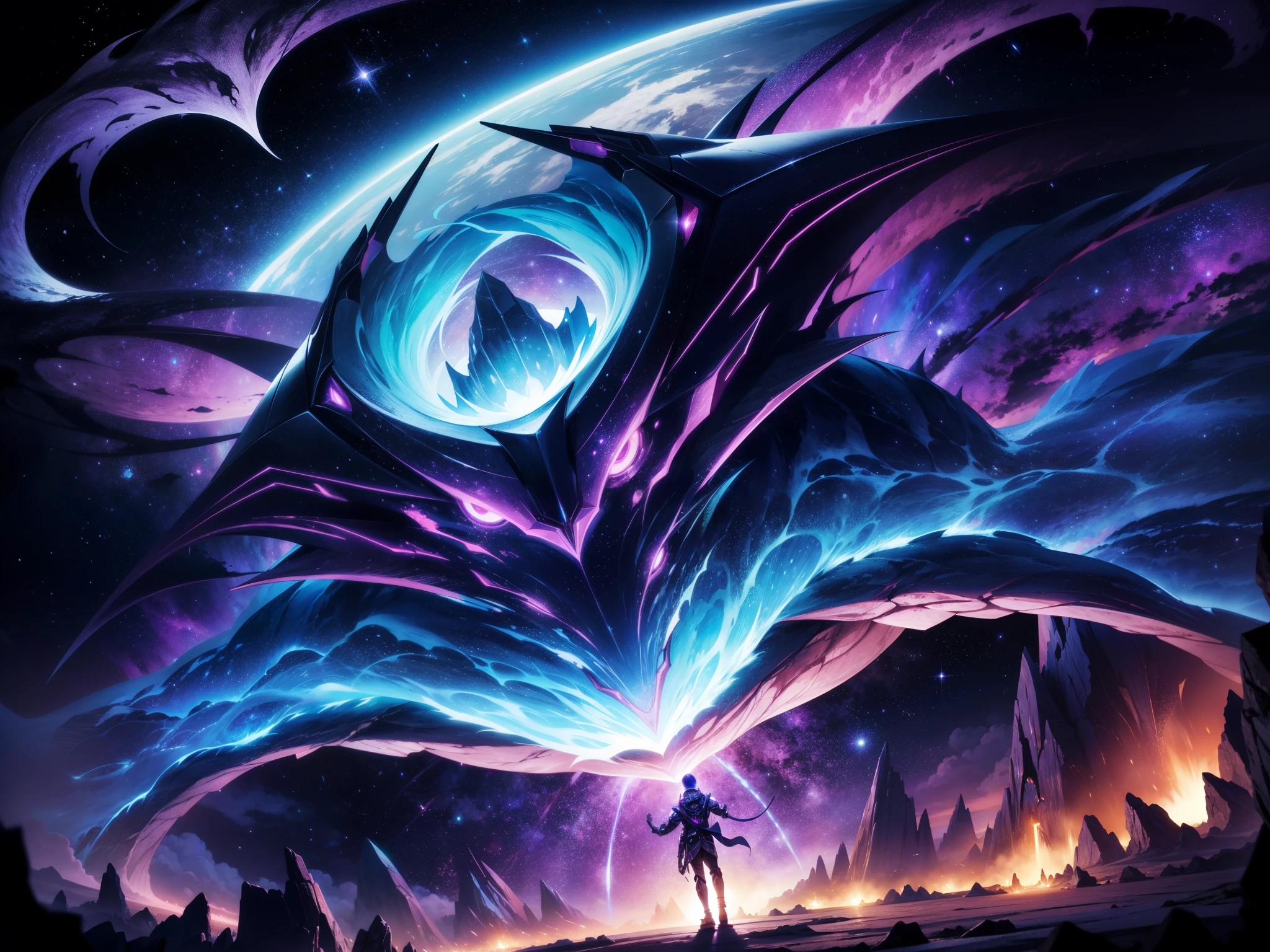 Create a mesmerizing cosmic scene featuring space dragon with evil maw ,nebula-like formations, glowing celestial bodies, and radiant energy waves that intertwine, illuminating the dark space with vibrant dim hues of blue and purple. amazing and outstanding quality:1.4