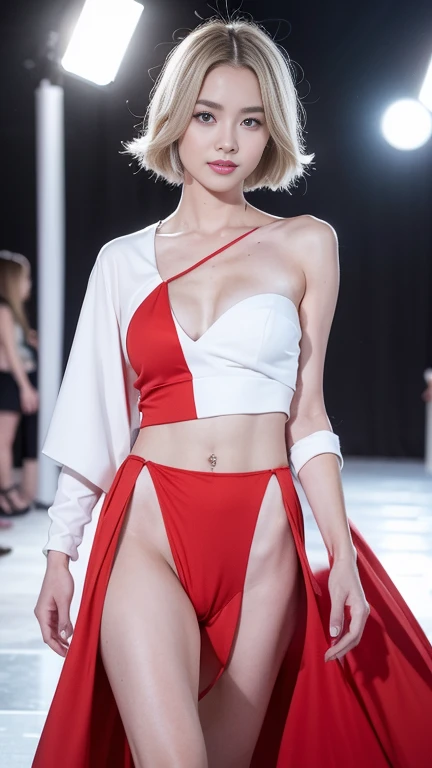 1girl, (Smile:1.2) stunningly beautiful girl, Haute_Couture, designer costume, high fashion, fashionshow, (Runway:1.2), beautiful countenance, (makeup), Sandy Blonde Side Sweep Hair, Short hair, Long ringlet, catwalk, Red carpet, Vivid colors, mastepiece, Best Quality, absurd resolution, Highest Quality, Amazing details, 8K, Aesthetic, Perfect Lighting, full shot, runway top pose,