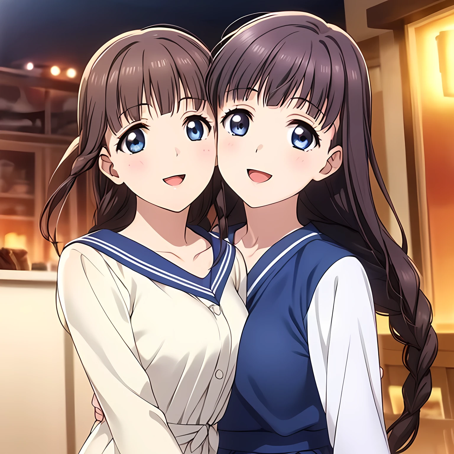 (highest quality, masterpiece:1.2), highest quality, High resolution, 1080p, 8K, Game heroine CG, Height: 158cm, ((A beautiful girl, the game heroine, is smiling and looking proudly.)), A face that everyone loves, Glossy lips, Even bangs, Double, Long eyelashes on both the top and bottom, Smiling blue eyes, The very large and thick yellow ribbon bowtie is very cute., ((Black Hair)), Beautiful, shiny, long braids, ((A long, neat, dark navy pleated skirt)), (((A long-sleeved navy blue sailor uniform for winter, all dark blue in color))), ((Navy blue jacket)), Smiling, slightly open mouth like a game heroine, Ribbon in hair, Tight waist, Introducing high school sailor uniforms, ((Blur the background))