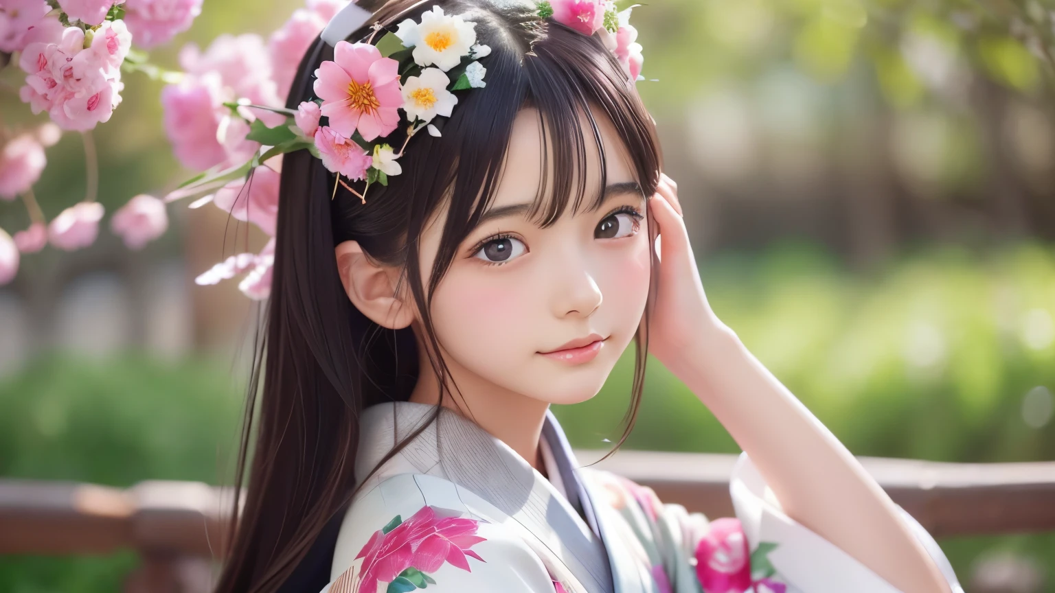 Arabian woman in kimono with flowers on her head, Beautiful digital artwork, Beautiful digital illustrations, Beautiful digital painting, Gorgeous digital painting, Gweiz-style artwork, Photorealistic anime girl rendering, Smooth anime CG art, Beautiful digital art, Amazing digital art with great detail, Amazing digital illustrations, Detailed digital anime art, April Rendering, Beautiful anime portraits