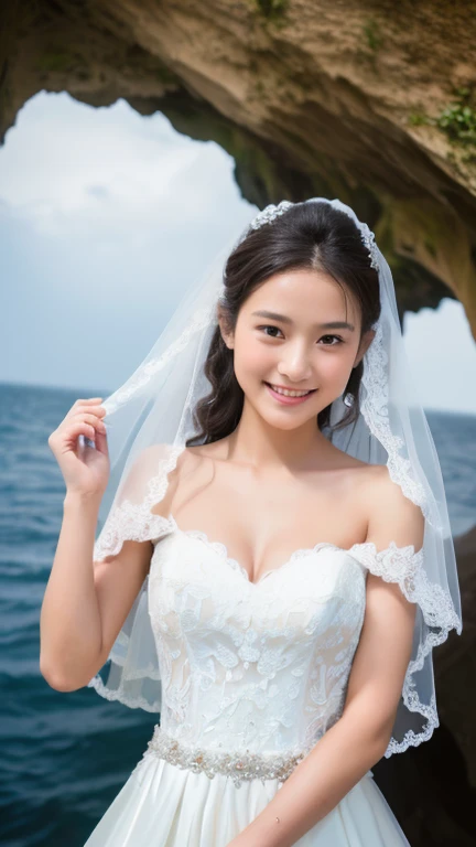 (highest quality, 32k, Ultra-high resolution:1.2), (RAW Photos), (Realistic), (High resolution), Large file size, Super detailed, Very beautiful face & eye, One girl, Cute Japanese elementary school girl, 14, , 12 yund and small face, Narrow waist, Big Breasts, Slim figure, Thin thighs, (Wedding dress, Wedding Veil, Standing above a sea cave:1.35), Nice hands, Perfect hands, Accurate hand drawing, Perfect Parents Refer to & refer to, Sweaty, shy smile, Pure white teeth, (Sky after rain、Big cave with high waves:1.35), (Droopy eyes, Natural Makeup、Ultra-high definition beauty face:1.25)、(Ultra high resolution perfect beautiful teeth, Center of chest, Tight waist, smile:1.15)、Ultra HD Shining Eyes、Super high quality glossy lip, (Photorealistic:1.2), From below, 8k, masterpiece
