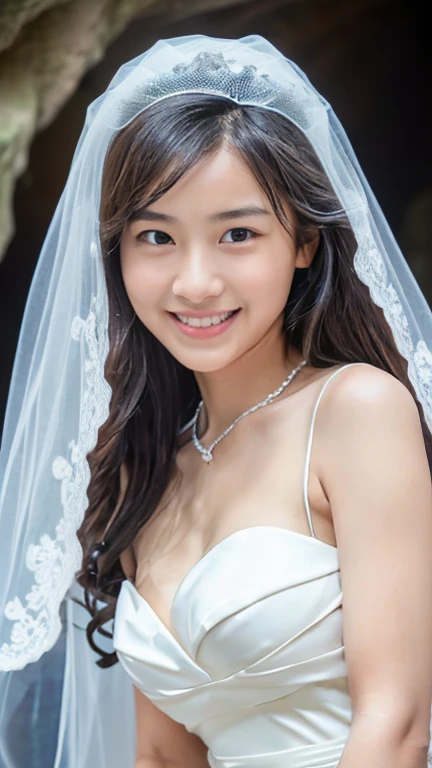(highest quality, 32k, Ultra-high resolution:1.2), (RAW Photos), (Realistic), (High resolution), Large file size, Super detailed, Very beautiful face & eye, One girl, Cute Japanese elementary school girl, 14, 13yo, 12 years old, Round and small face, Narrow waist, Big Breasts, Slim figure, Thin thighs, (Wedding dress, Wedding Veil, Standing above a sea cave:1.35), Nice hands, Perfect hands, Accurate hand drawing, Perfect Parents Refer to & refer to, Sweaty, shy smile, Pure white teeth, (Sky after rain、Big cave with high waves:1.35), (Droopy eyes, Natural Makeup、Ultra-high definition beauty face:1.25)、(Ultra high resolution perfect beautiful teeth, Center of chest, Tight waist, smile:1.15)、Ultra HD Shining Eyes、Super high quality glossy lip, (Photorealistic:1.2), From below, 8k, masterpiece
